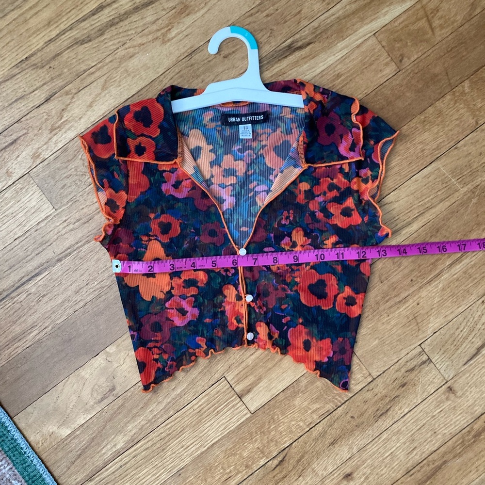 Urban Outfitters Funky Floral Mesh Button-Up Crop Top
